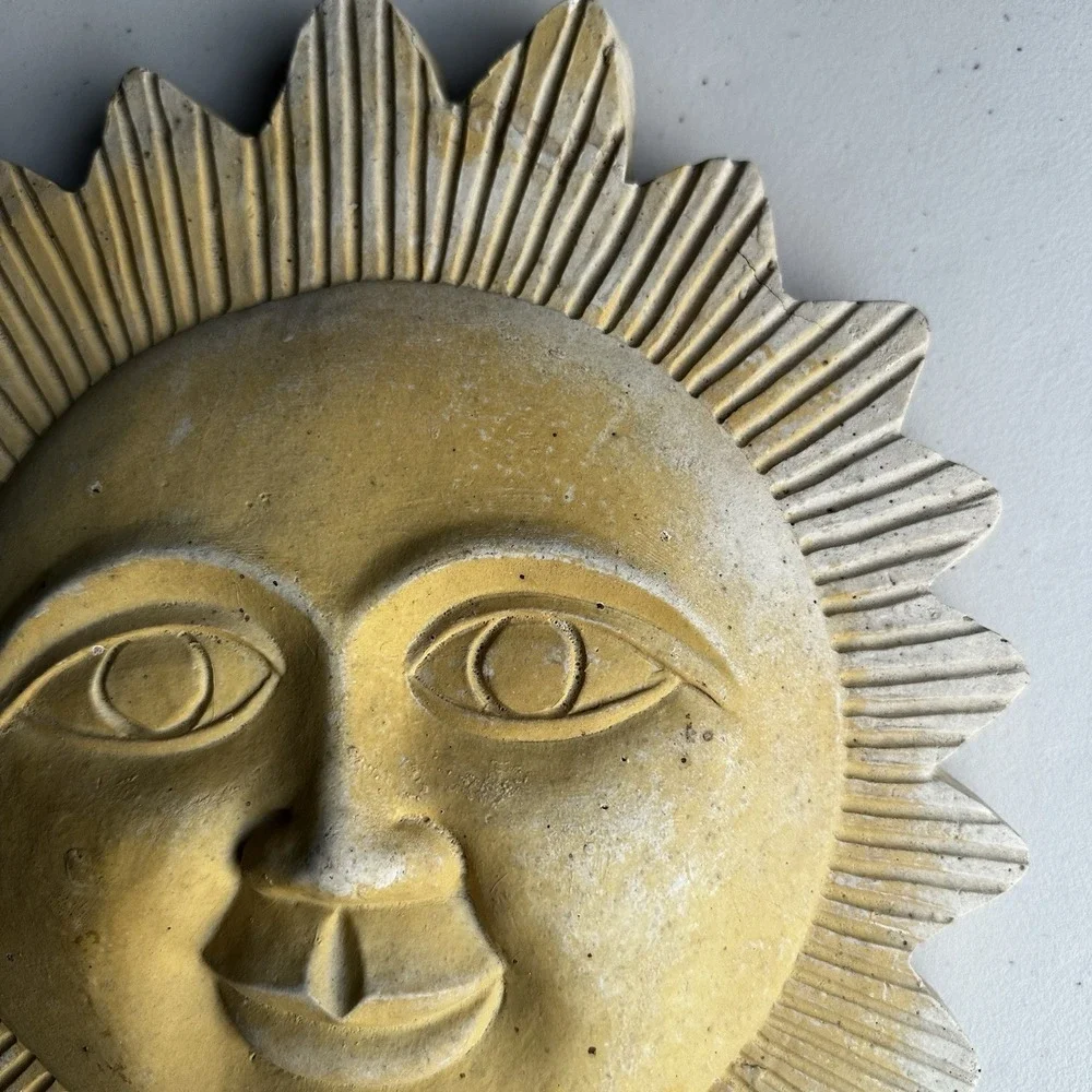 Vintage 90s Yellow Celestial Sun Ceramic Wall Hanging Art Plaque Home Garden 12